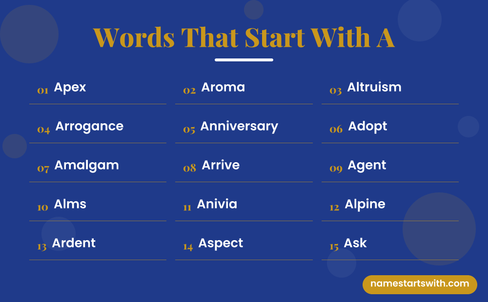 Words That Start With A: Apex, Aroma, Altruism, Arrogance, Anniversary, Adopt and more